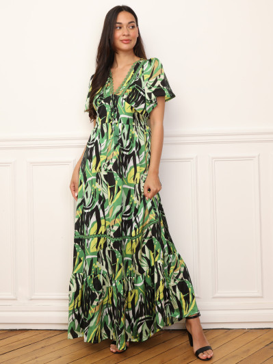 Robe longue à motif tropical et pompons