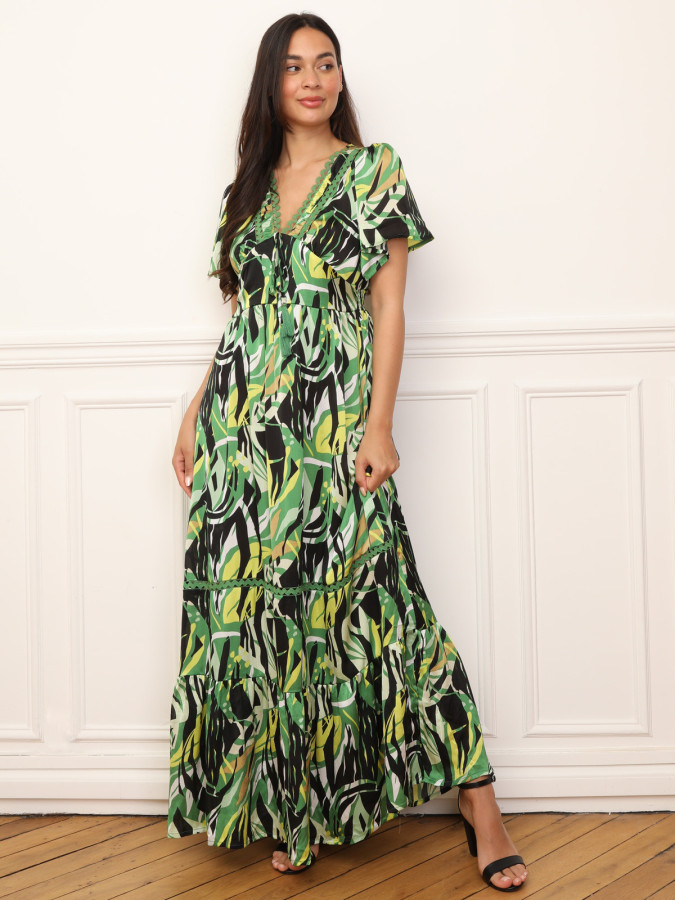 Robe longue à motif tropical et pompons