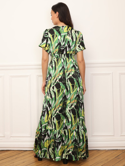 Robe longue à motif tropical et pompons