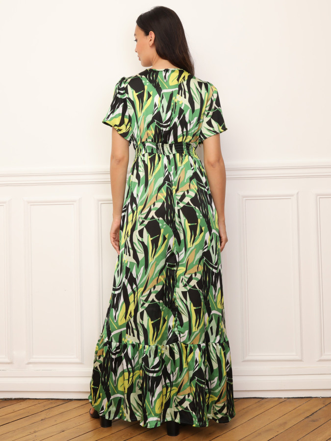Robe longue à motif tropical et pompons