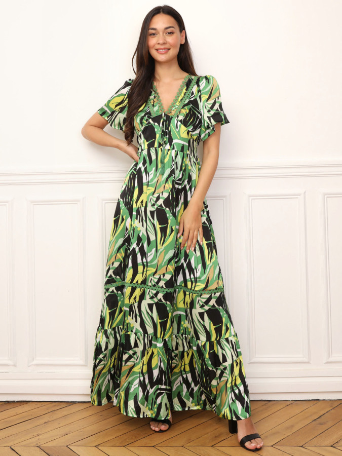 Robe longue à motif tropical et pompons