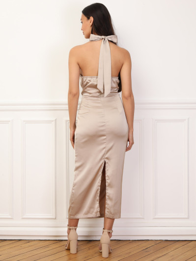 Robe satinée froncée à col noué