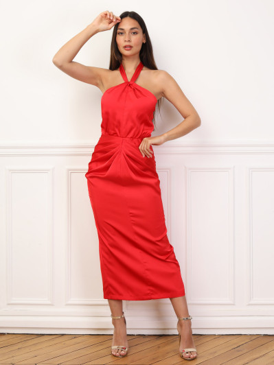 Robe satinée froncée à col noué