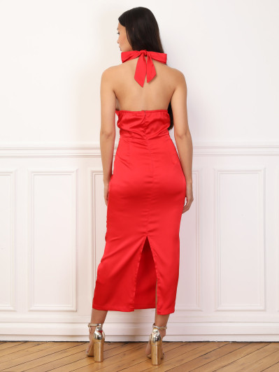 Robe satinée froncée à col noué