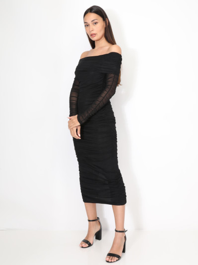 Robe bardot en tulle froncé