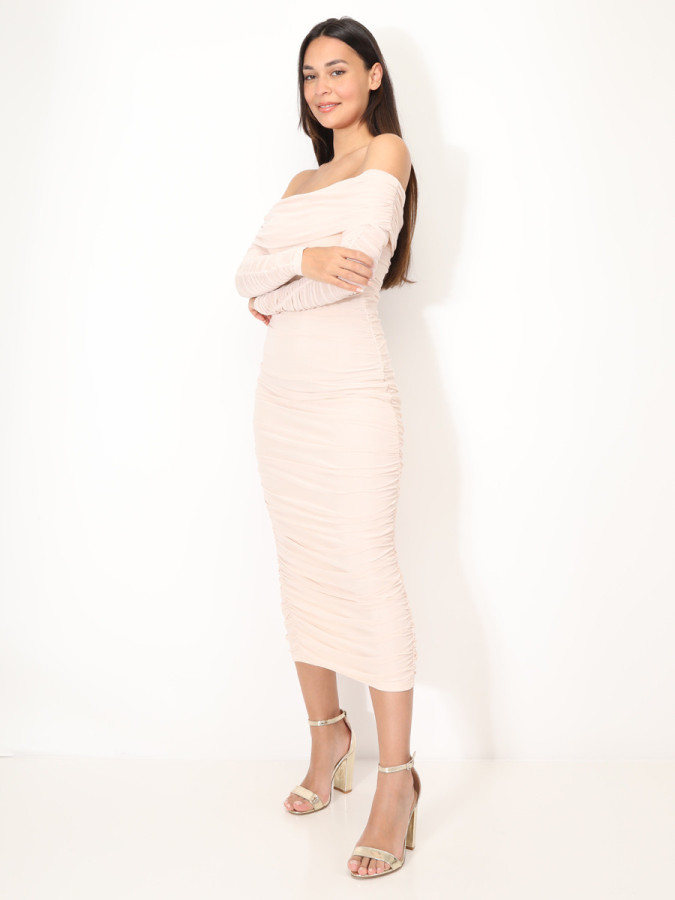 Robe bardot en tulle froncé