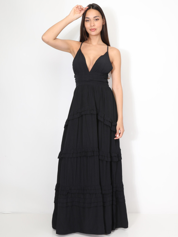 Robe longue évasée à volants