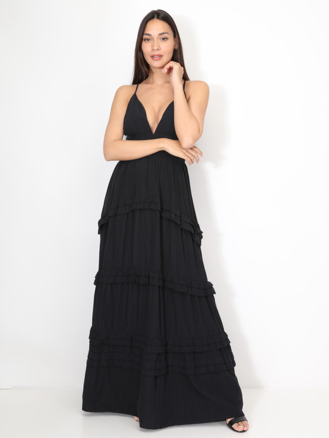 Robe longue évasée à volants