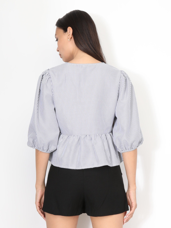Blouse peplum rayée à nœuds et manches ballons