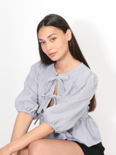 Blouse peplum rayée à nœuds et manches ballons