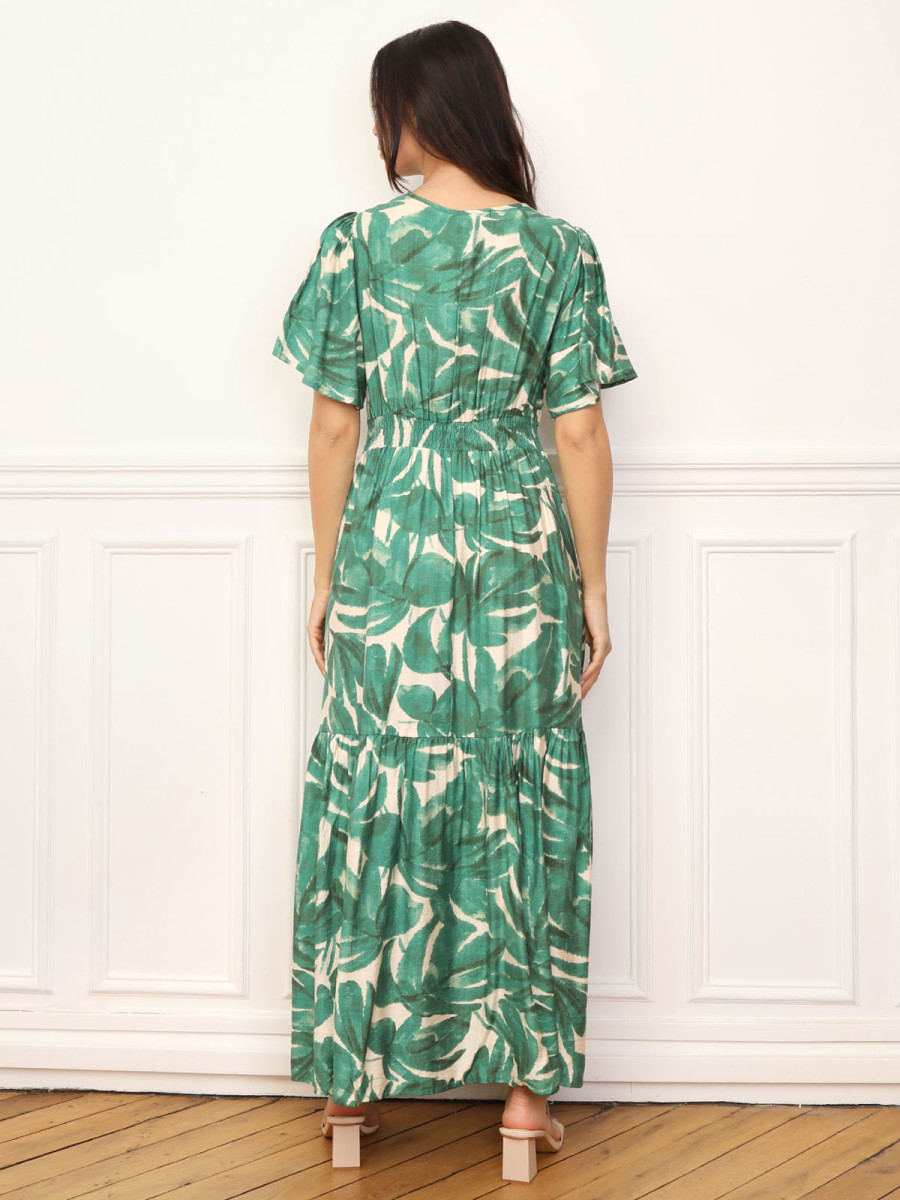 Robe longue maxi en coton imprimé fleurs à manches 3/4 ample évasée bohème chic | Paris Fashion Shops