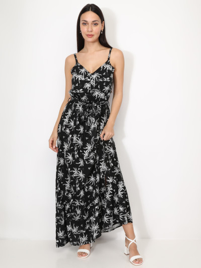 Robe longue fendue à imprimé "palmiers"