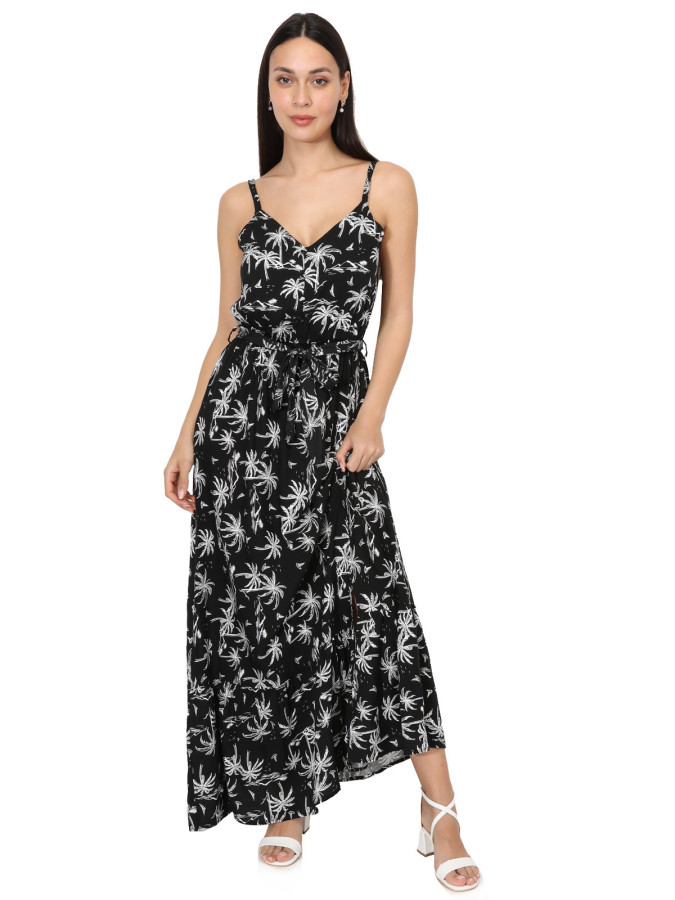 Robe longue fendue à imprimé "palmiers"