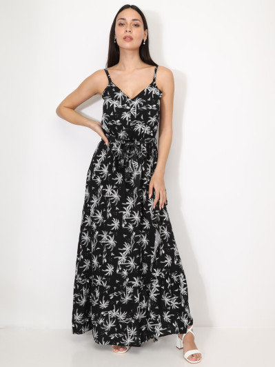 Robe longue fendue à imprimé "palmiers"