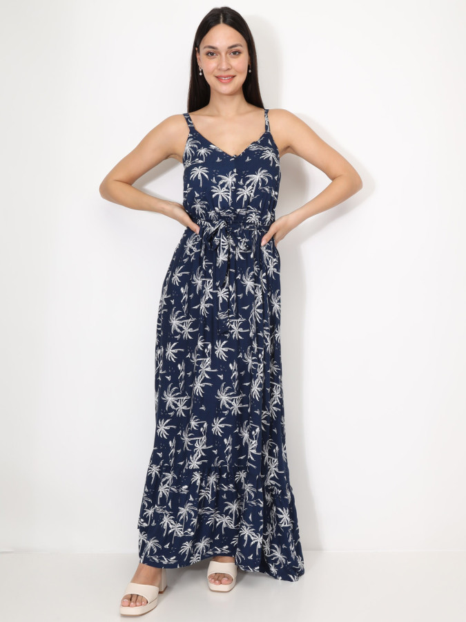 Robe longue fendue à imprimé "palmiers"