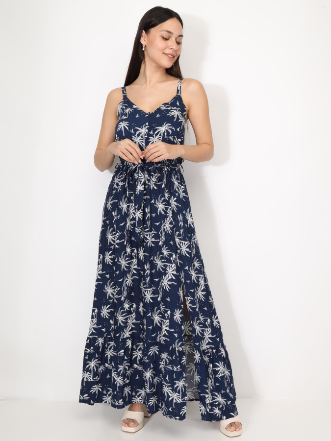 Robe longue fendue à imprimé "palmiers"