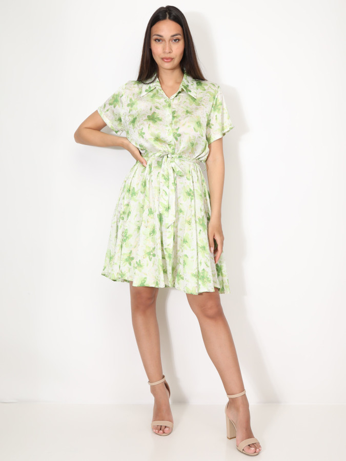 Robe chemise à fleurs et éclats dorés