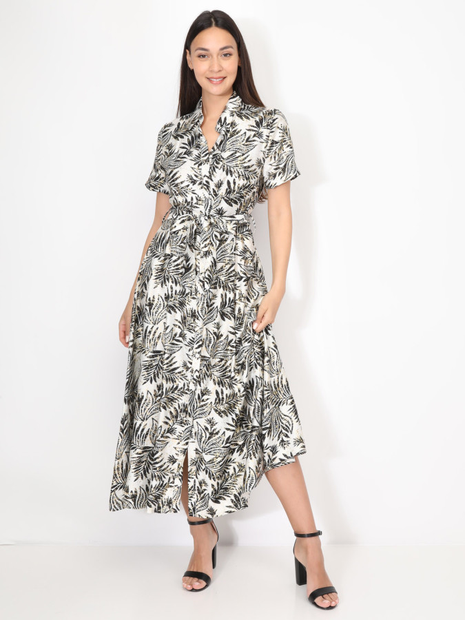 Robe chemise évasée à motif tropical