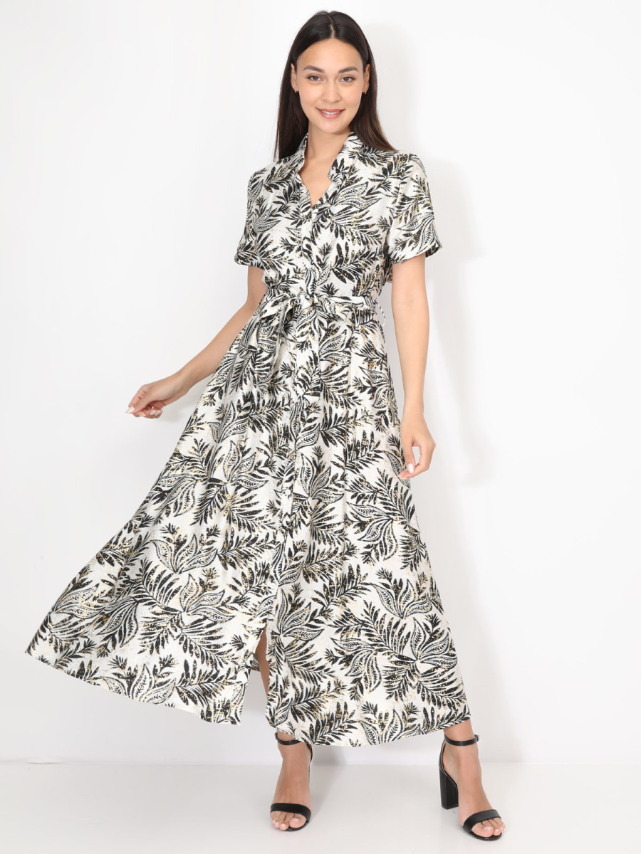 Robe chemise évasée à motif tropical