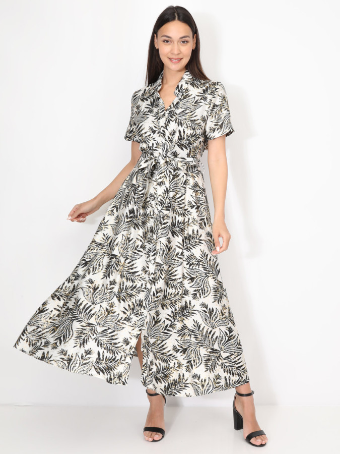 Robe chemise évasée à motif tropical