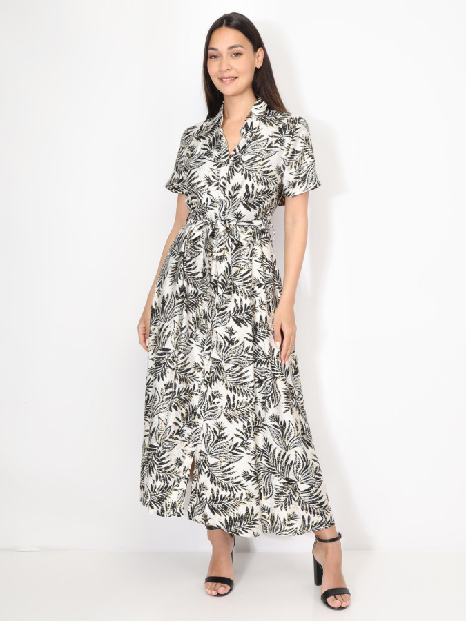 Robe chemise évasée à motif tropical