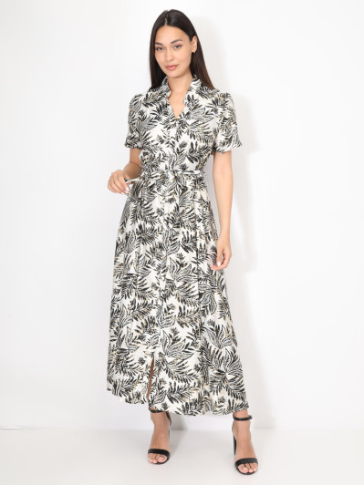 Robe chemise évasée à motif tropical
