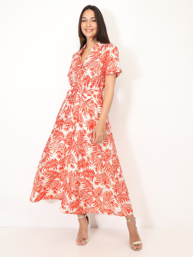 Robe chemise évasée à motif tropical