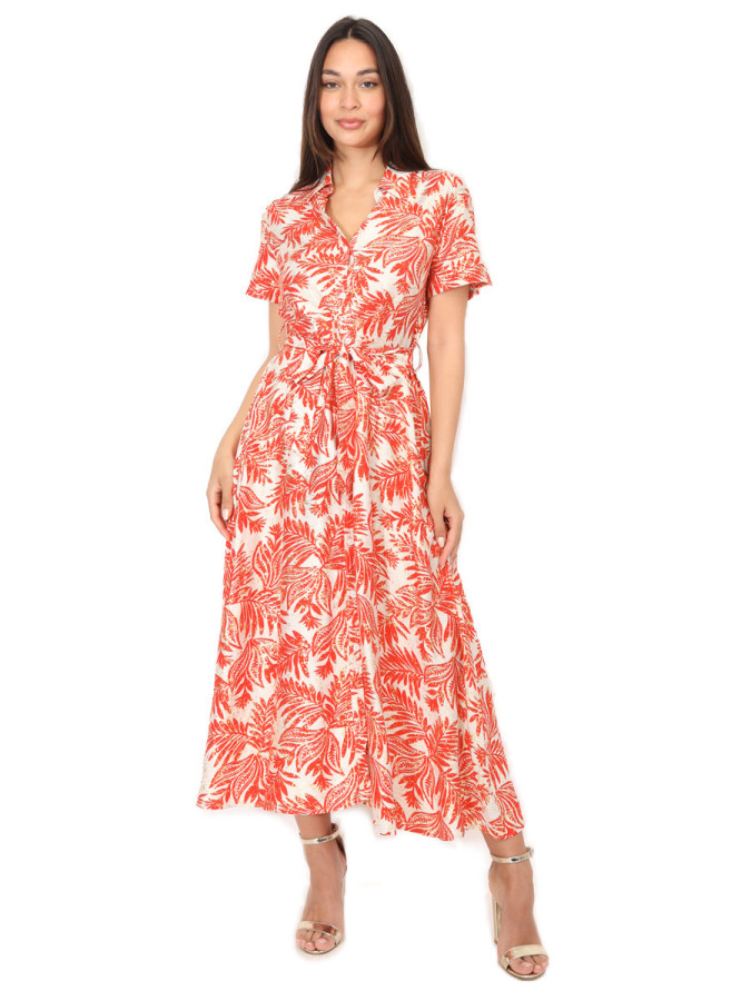Robe chemise évasée à motif tropical