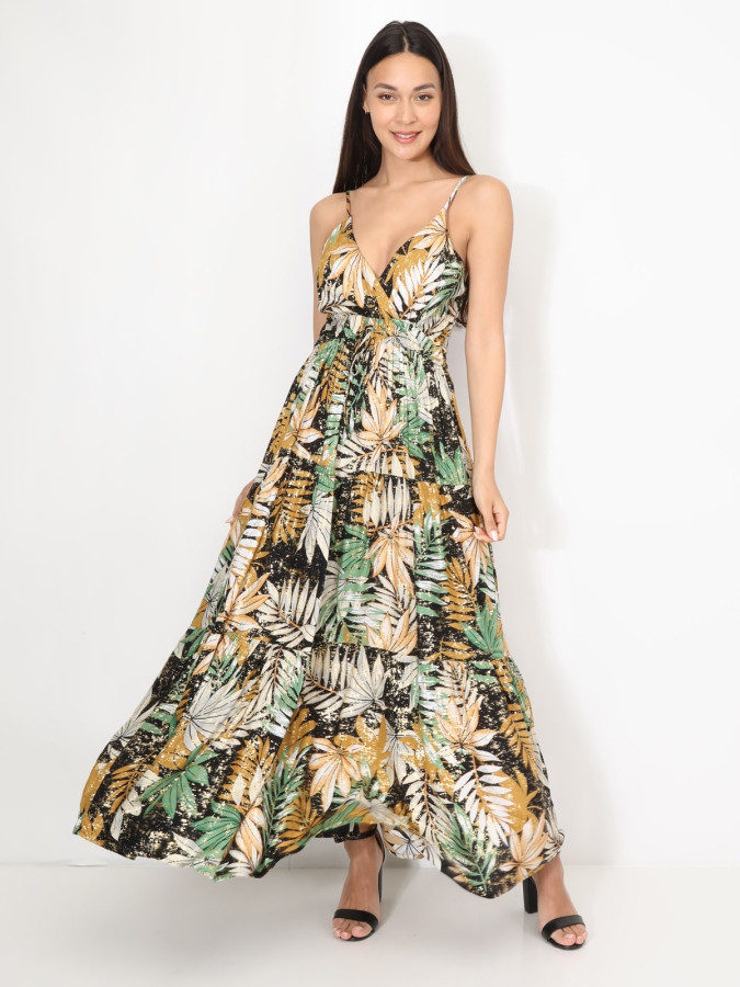 Robe à imprimé tropical et éclats dorés
