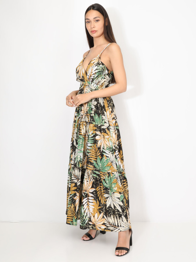 Robe à imprimé tropical et éclats dorés