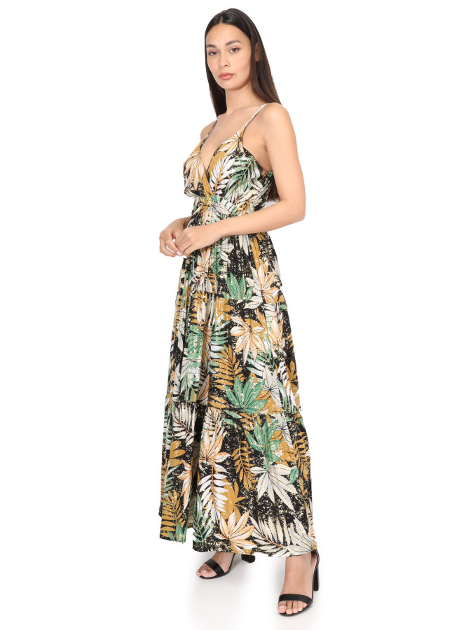 Robe à imprimé tropical et éclats dorés