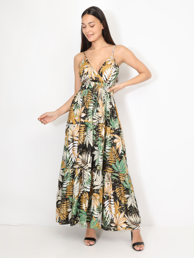 Robe à imprimé tropical et éclats dorés