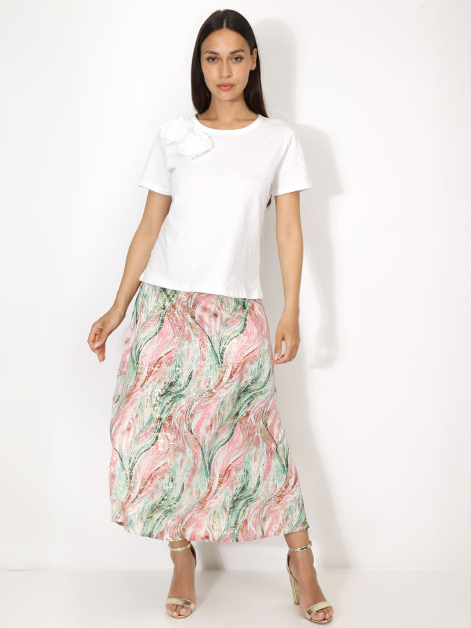 Jupe à imprimé abstrait et éclats dorés