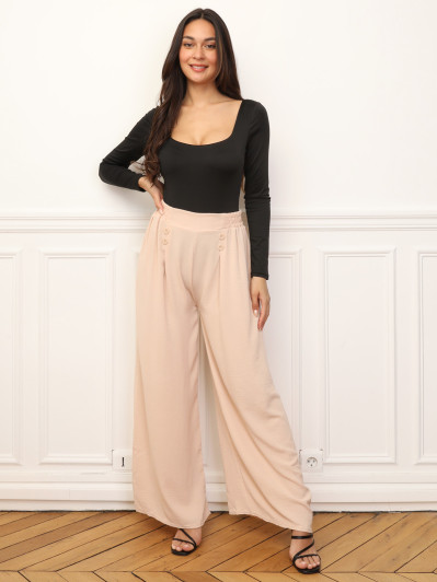 Pantalon large à plis et boutons