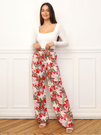 Pantalon fluide à motif fleurs graphiques