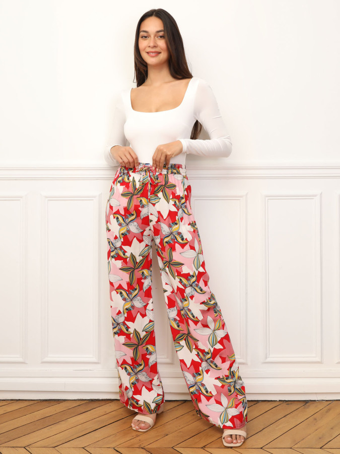 Pantalon fluide à motif fleurs graphiques