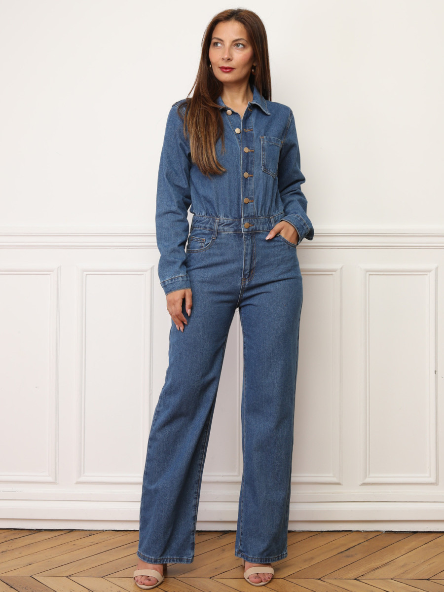 Combinaison Denim Femme Manches Longues - Pantalon Droit Boutonnage Avant - Style Décontracté Casual - 4