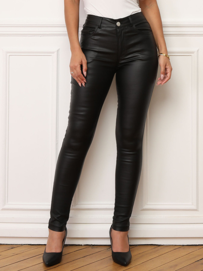 Pantalon skinny enduit à taille mi-haute