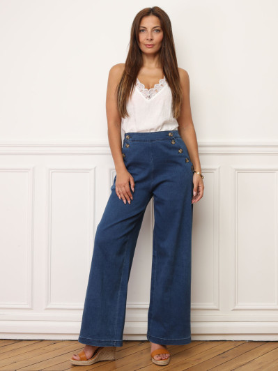 Pantalon flare en denim à boutons