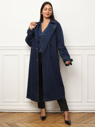 Trench long en denim avec ceinture