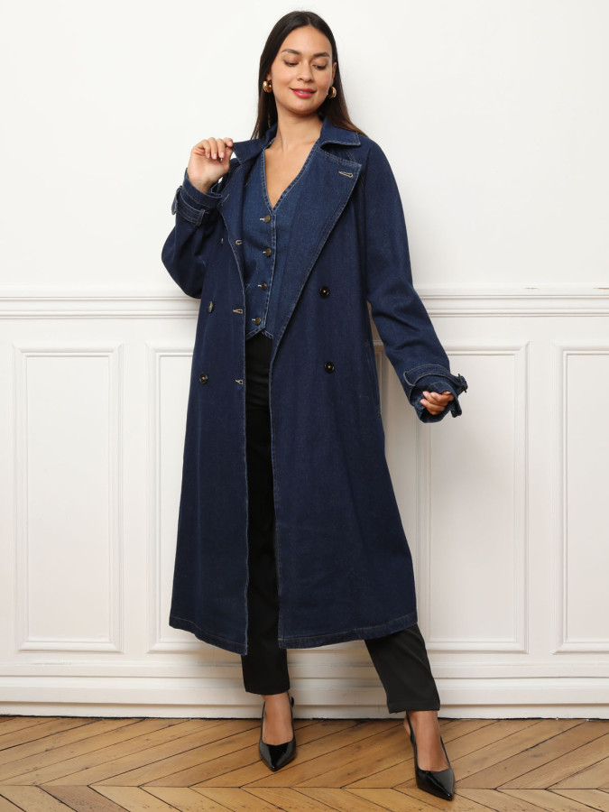 Trench long en denim avec ceinture