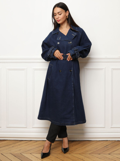 Trench long en denim avec ceinture