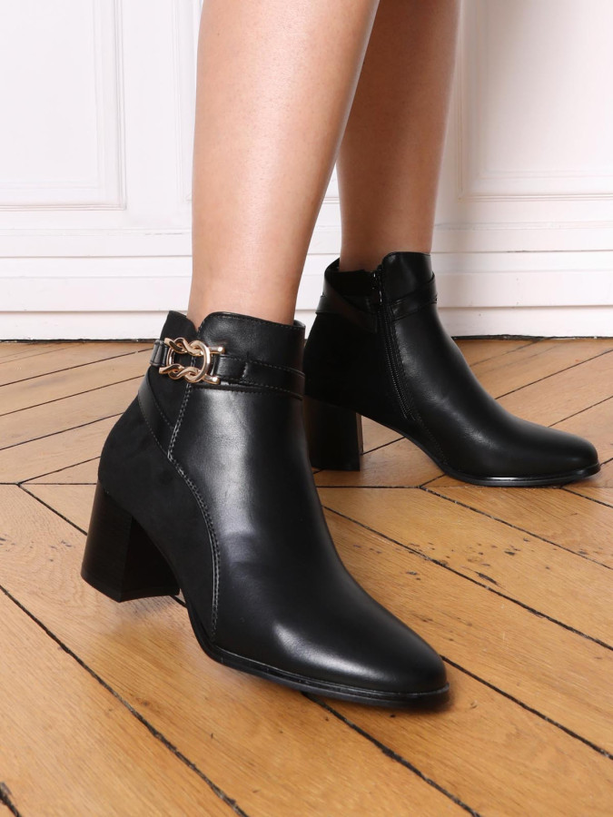 Bottines bi-matières à talon et boucle