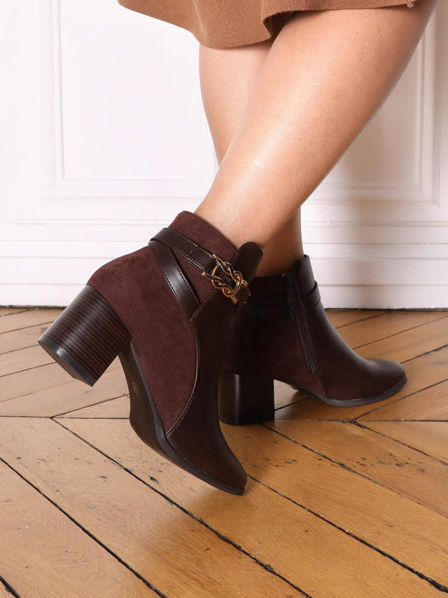 Bottines bi-matières à talon et boucle