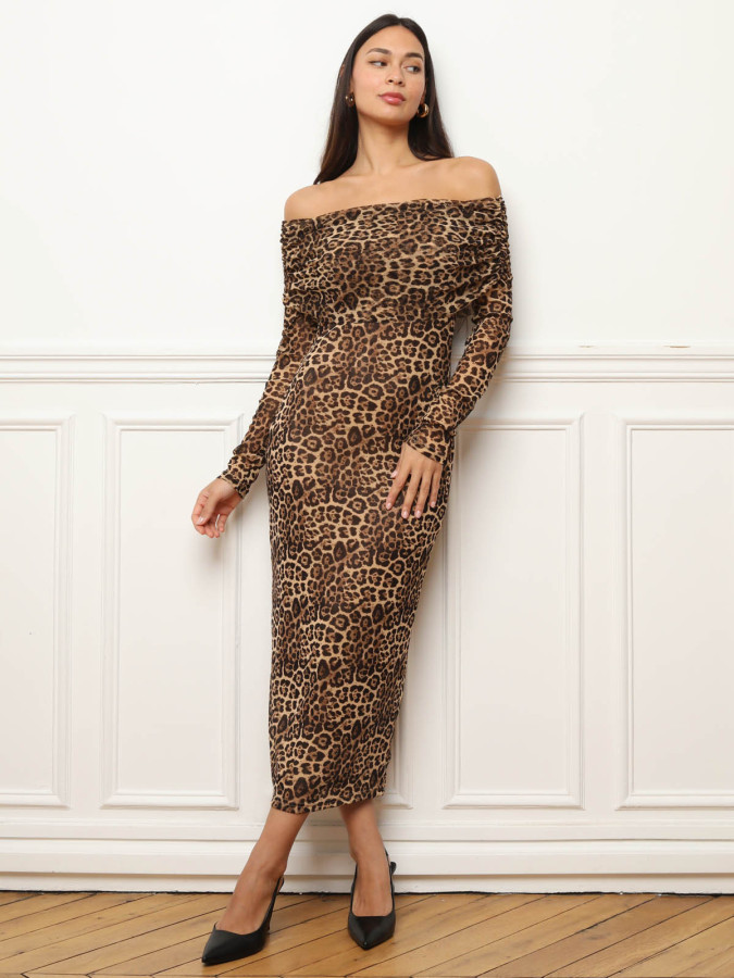 Robe à col bardot et imprimé animal