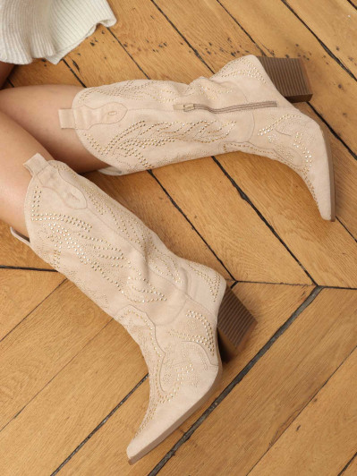 La Modeuse Bottes Santiags Femme Suédine – Zip Latéral, Surpiqûres Élégantes, Style Cowboy Genou Haut