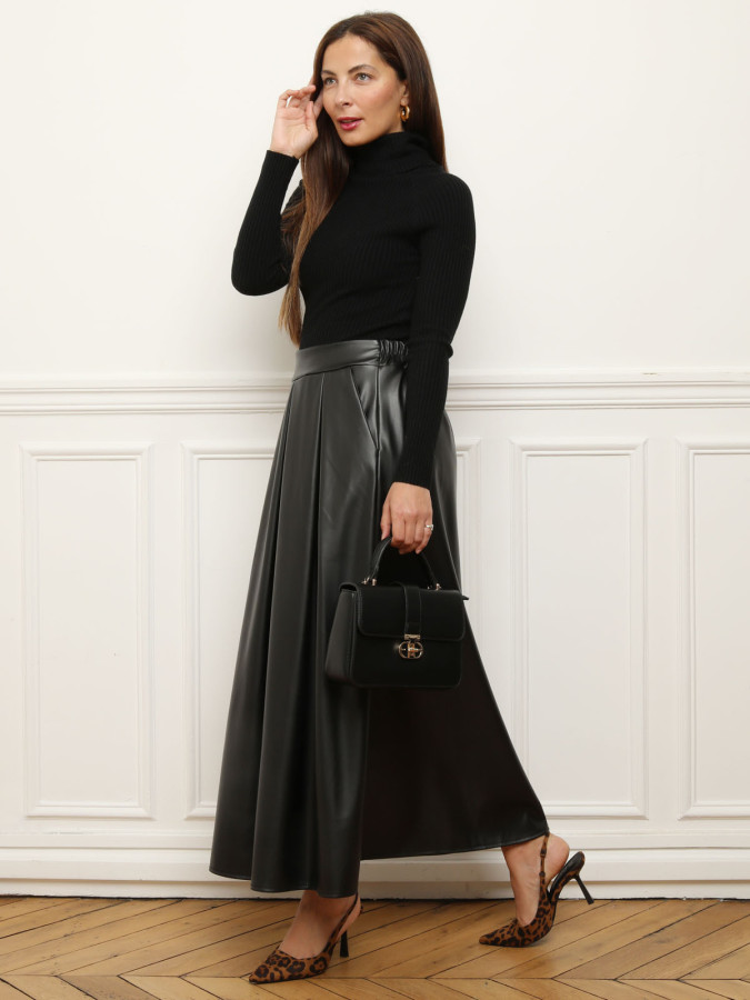 Jupe évasée et plissée en simili