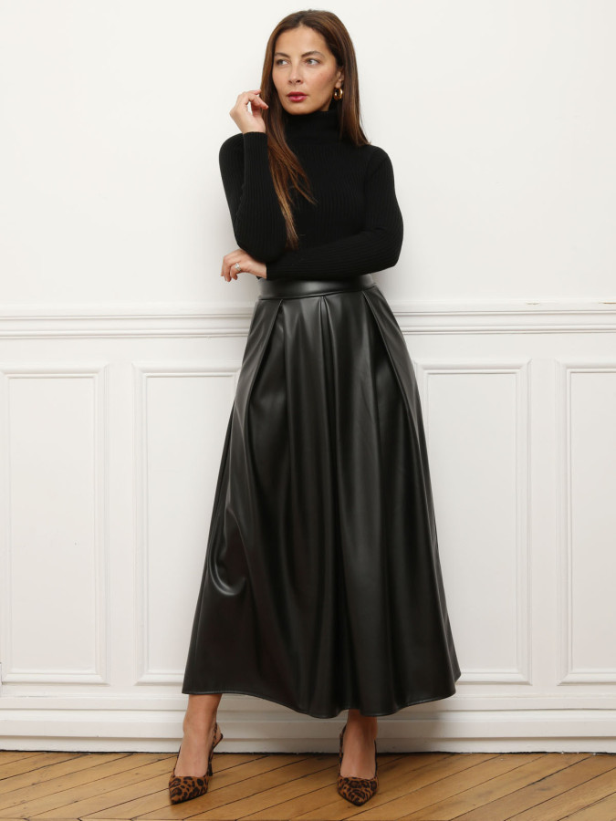 Jupe évasée et plissée en simili