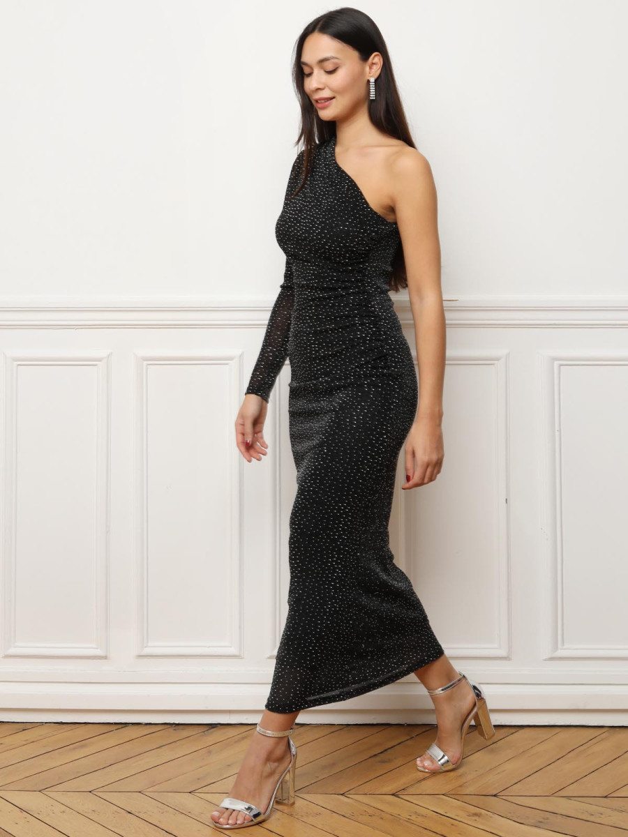 Robe longue femme franges encolure asymétrique