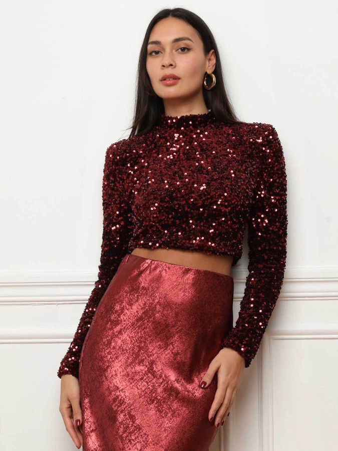 Crop top bordeaux à sequins
